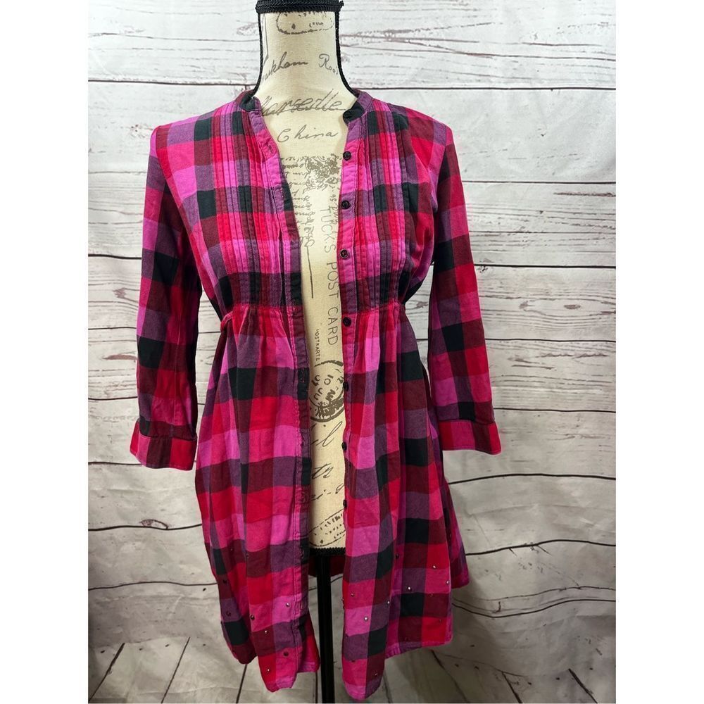 PINK Victoria's Secret Plaid‎ Tunic Shirt Dress Rhinestones Tie Waist Size SP